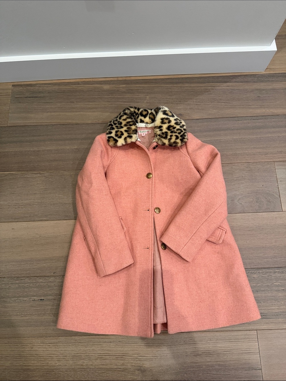 Bonpoint Coral Pink Wool Peacoat with Leopard Faux-Fur Collar